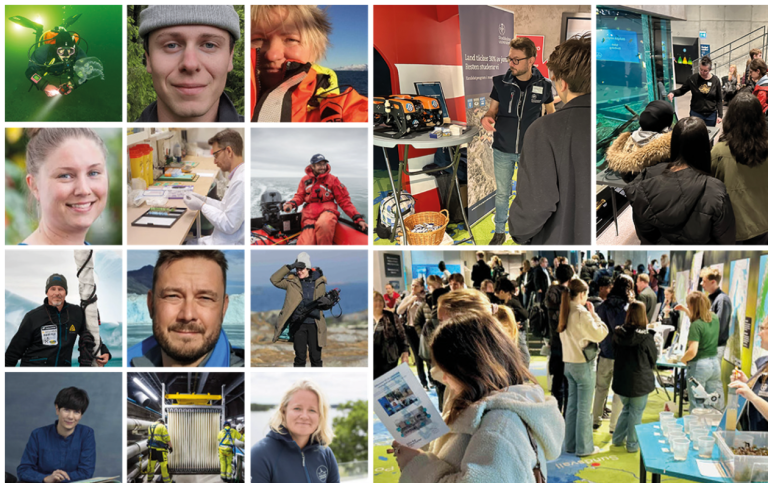 Bildcollage av talarporträtt och utställningsmiljöer med besökare vid Baltic Sea Science Center.